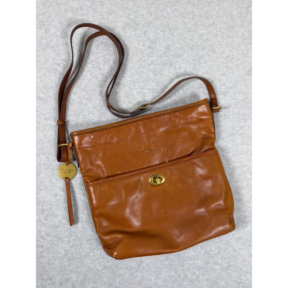 Margot Crossbody Bag Cognac Brown Leather Brass Turn-lock Minimalist Handbag